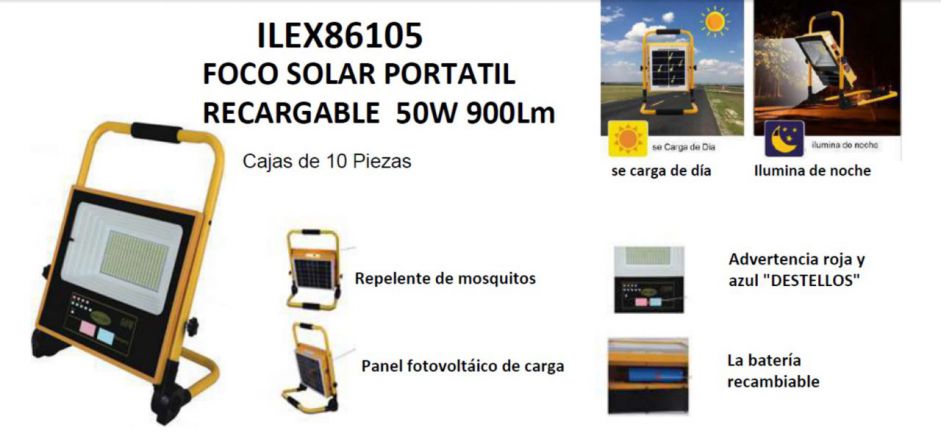 PROYECTOR SOLAR PORTATIL RECARGABLE 50W MULTFUNCION 900Lm